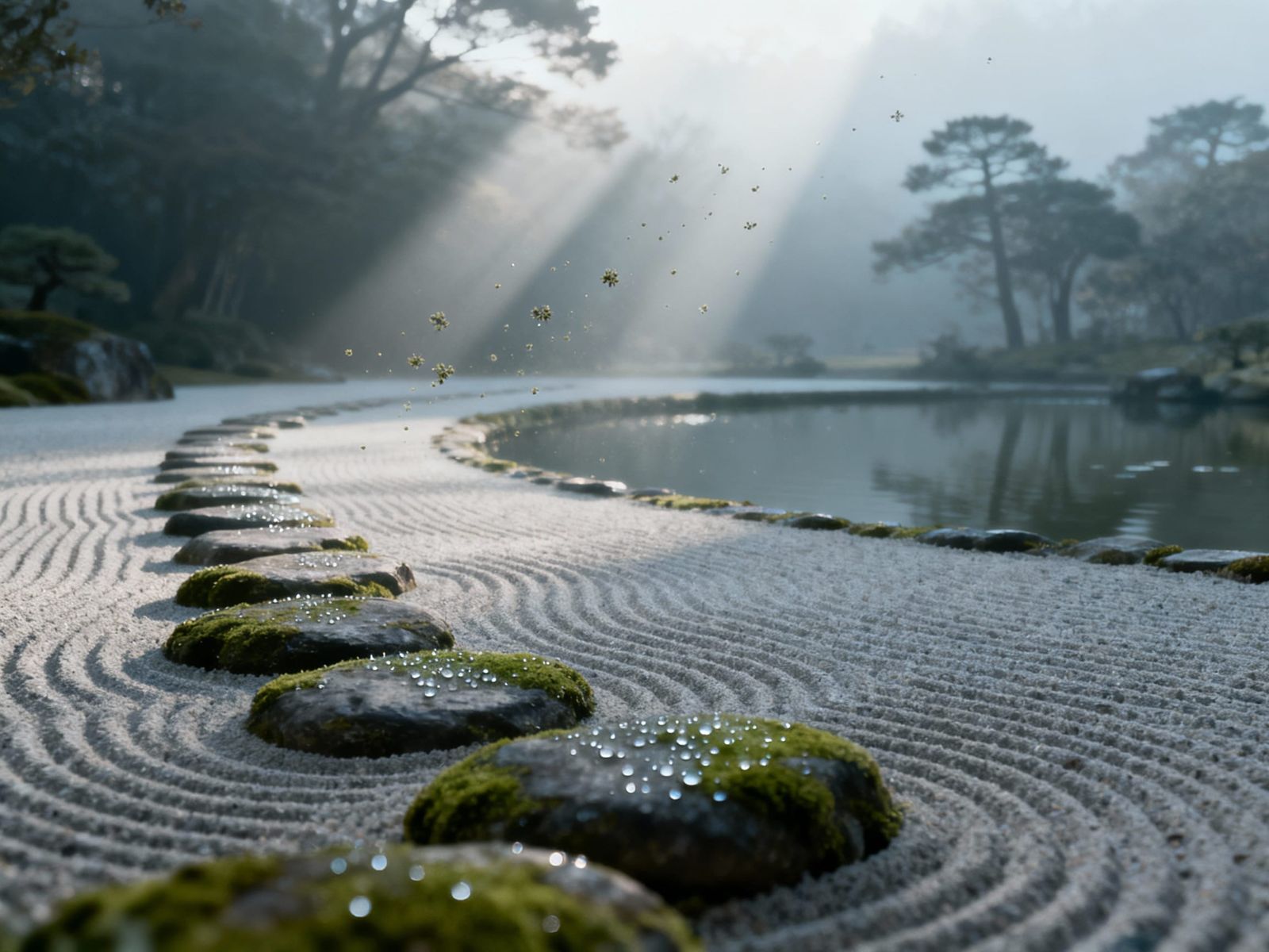 Serene Japanese Zen Garden at Dawn in Matte Painting Style