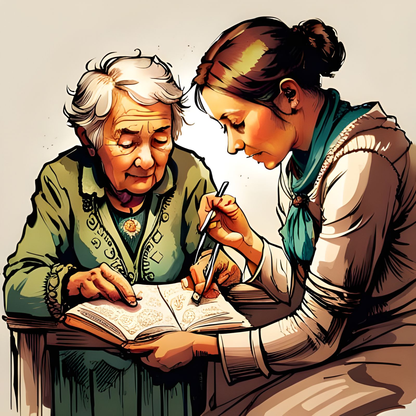 Grandmother Teaches Granddaughter: Intricate Digital Illustr...