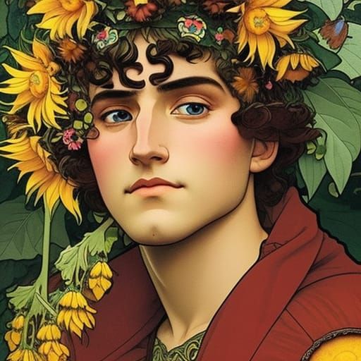 Whimsical Elf Man in Sunflower Field, Mucha Style