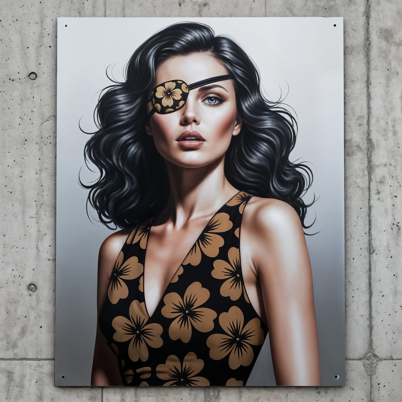 Airbrush Portrait of Woman with Eyepatch in Hawaii Dress