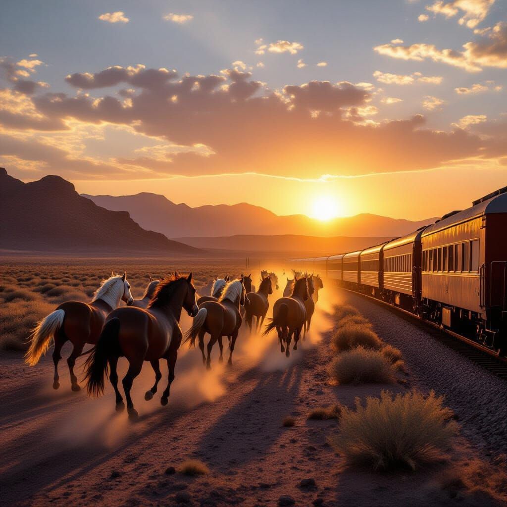 Horses Gallop with Train Through Desert at Sunset