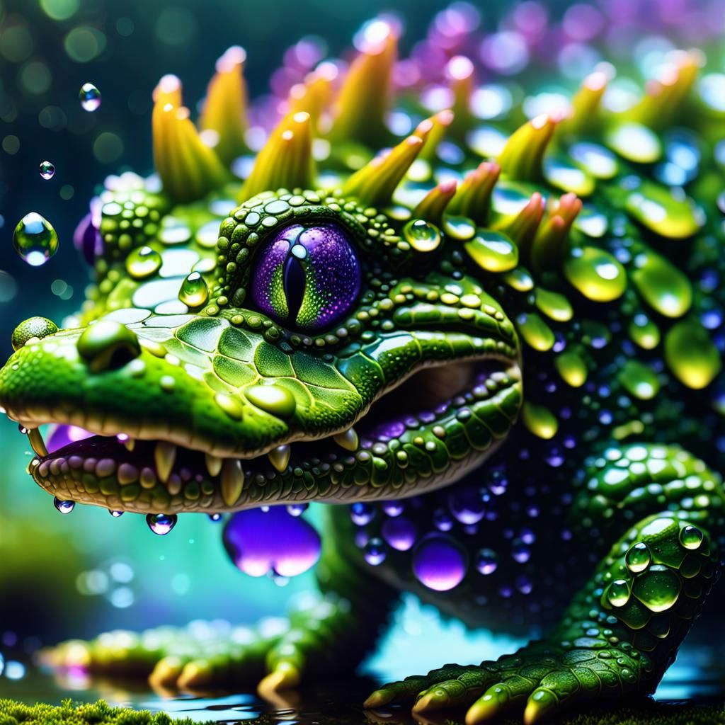Microscopic Alligator in Moss and Dew