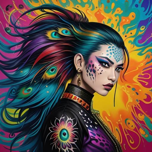 Rainbow Dragon Woman in Graffiti Art Style