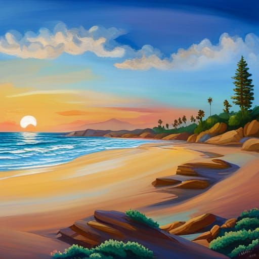 Serene Beach Scene with Sunbathers and Umbrellas