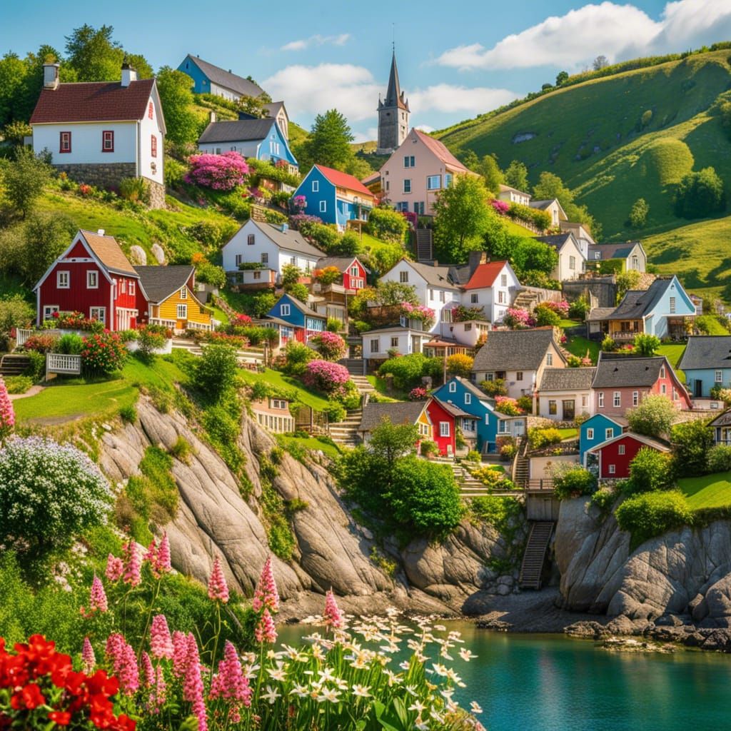 Quaint Fishing Village on Rocky Hillside