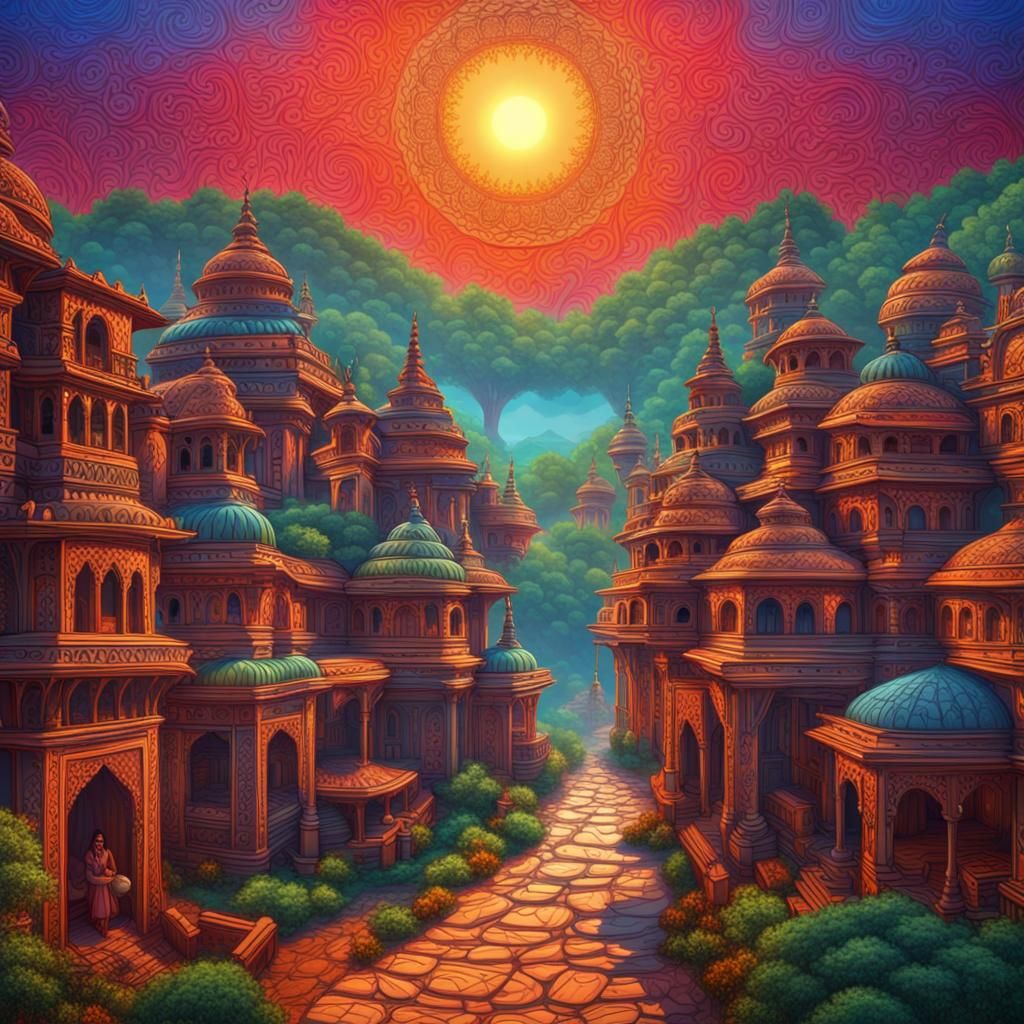 Vibrant Morning Sun Scenic in Madhubani Art