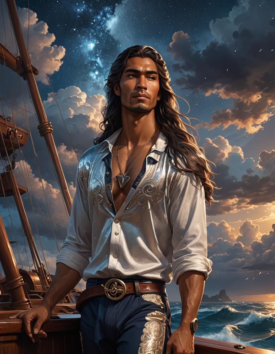 Polynesian Sailor Portrait under Starry Night Sky