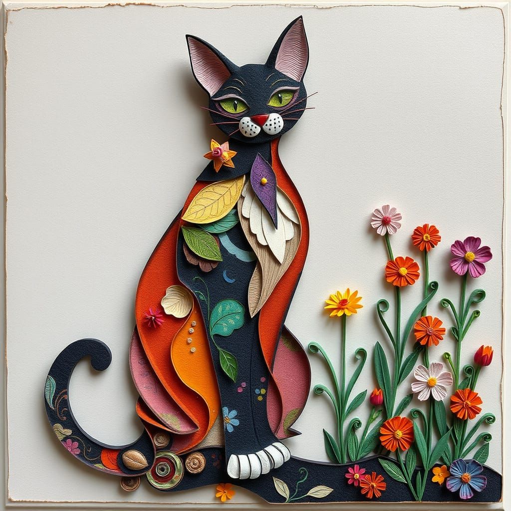 Vibrant 3D Sculpture of Elegant Cat Amidst Whimsical Garden