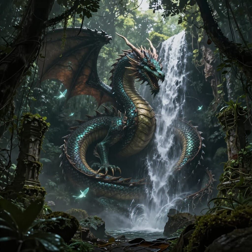 Ancient Dragon Guards Waterfall in Dark Fantasy Jungle