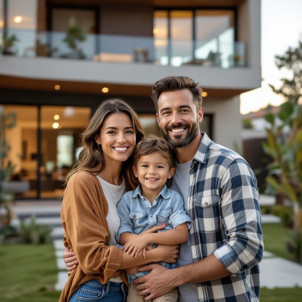 Happy Family Portrait in Front of Modern Apartment
