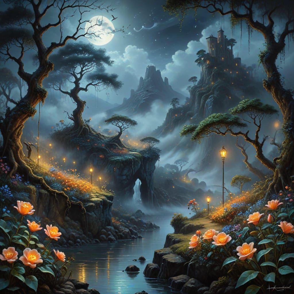 The night sky over a dense rainforest, where apricot-hued flowers glow faintly under the moonlight. Shadows dance among ...