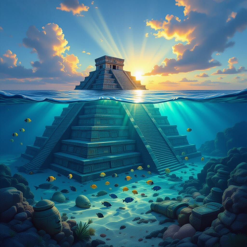Mayan Pyramid Underwater in Golden Sun - Hyperrealistic