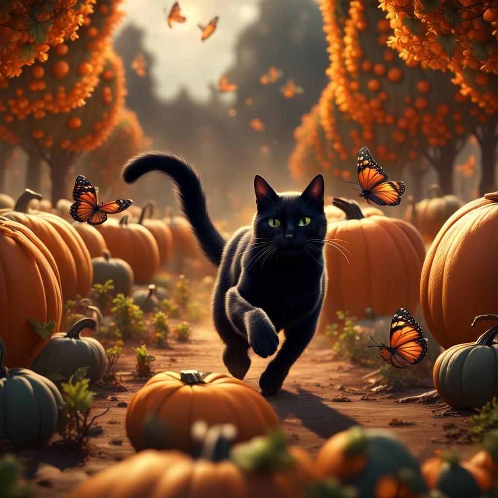 Black Cat's Autumn Chase in Pumpkin Patch