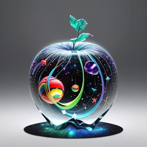 crystal creation, a series of musical notes and a miniature musical instrument in a transparent apple made of crystal, h...