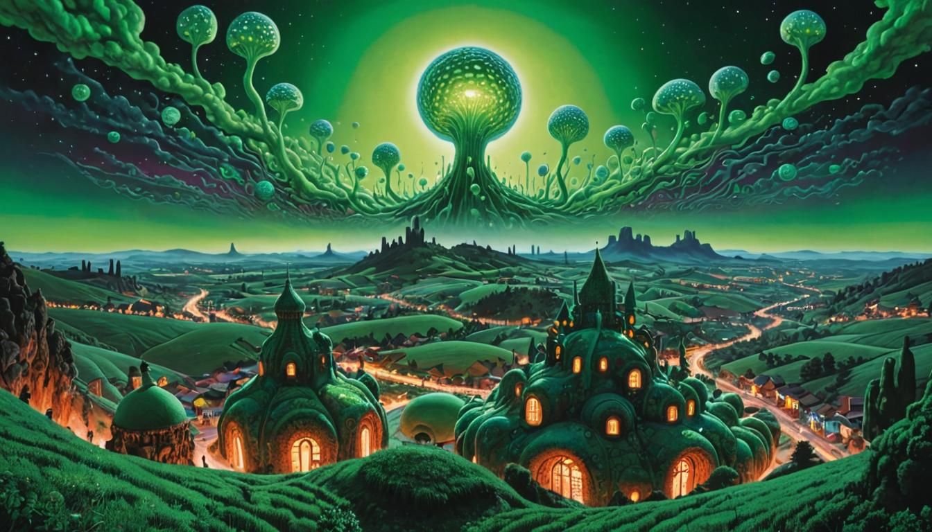 Giant Glowing Virus in Surreal Dreamscape