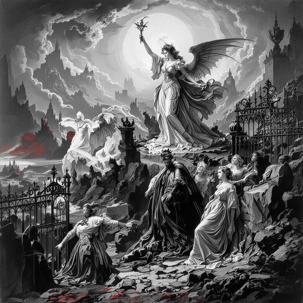 Victorian Woman at Hell's Gate: Doré-Inspired Illustration