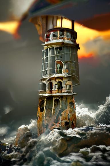 Futuristic Lighthouse Struck by Lightning in Expressionist S...