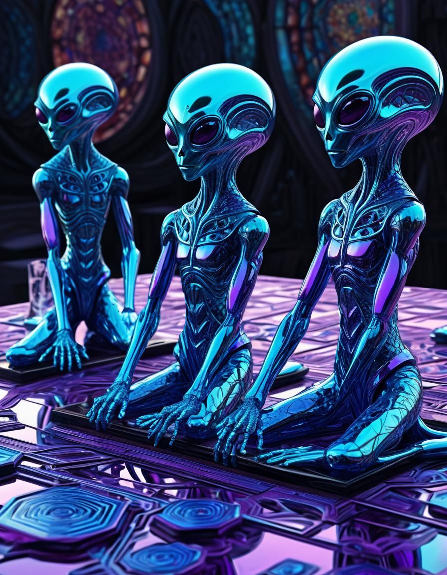 Glass Alien Statues on Medieval Table: 3D Vector Art