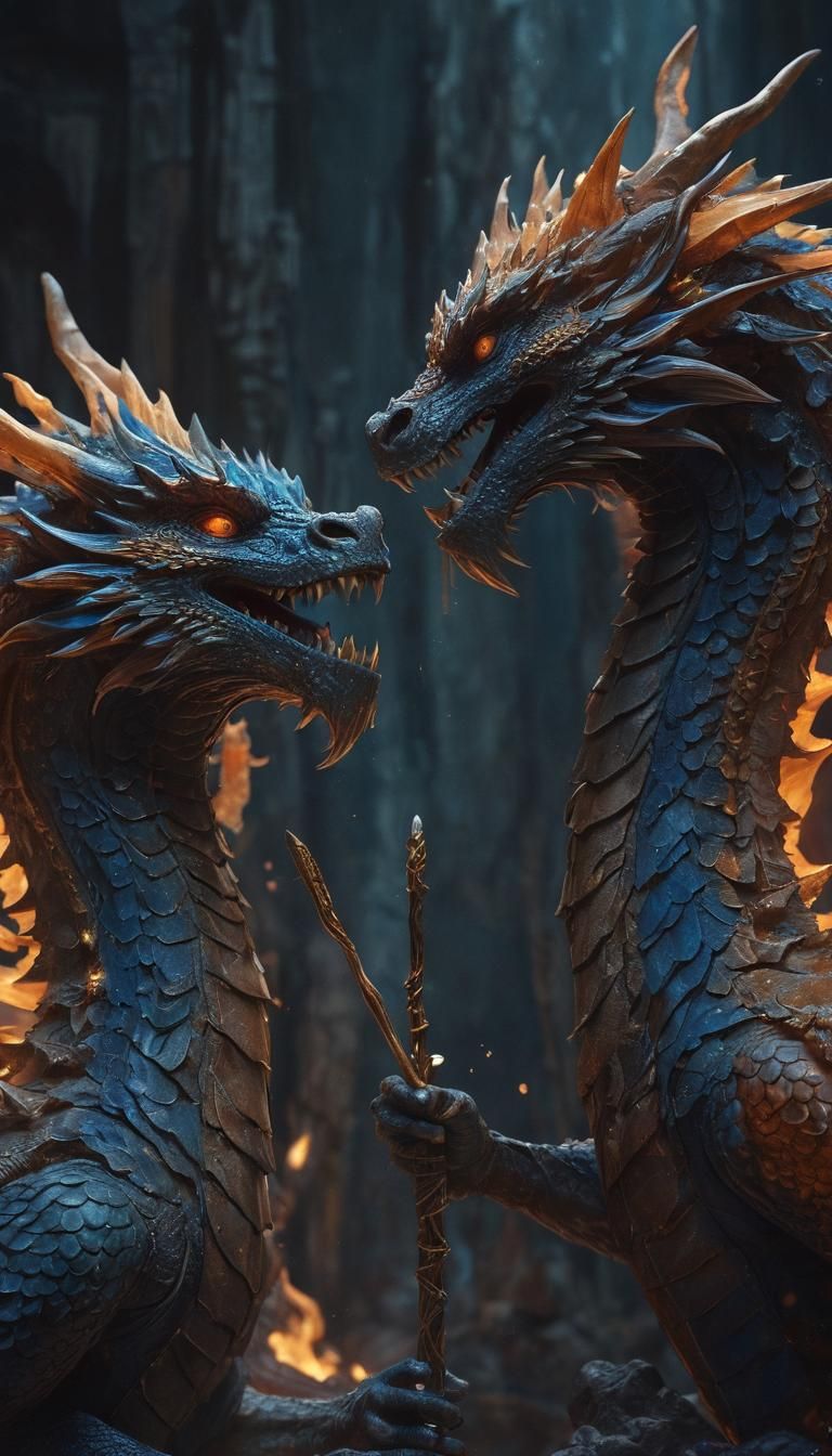 Dual-Headed Dragon Wielding Magic Wands