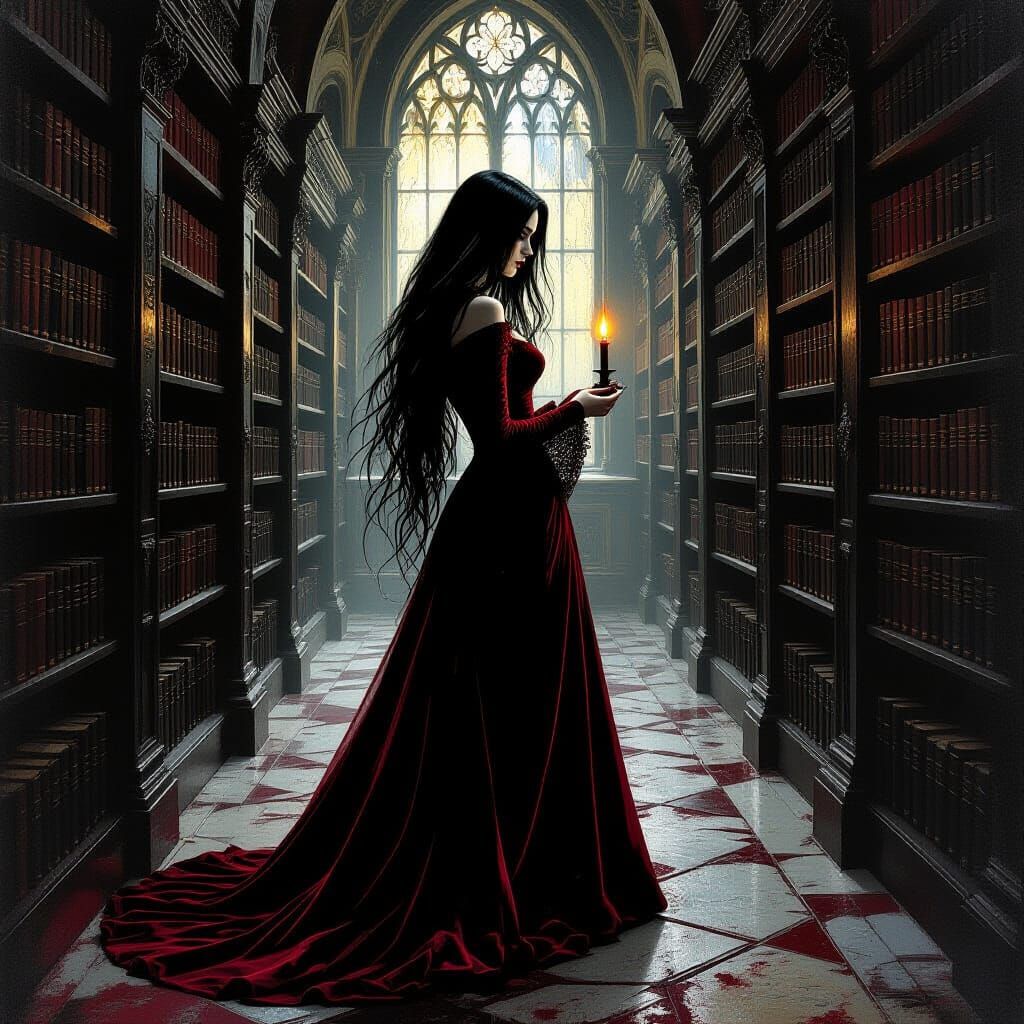 Gothic Woman in Ancient Library, Impasto Oil Painting