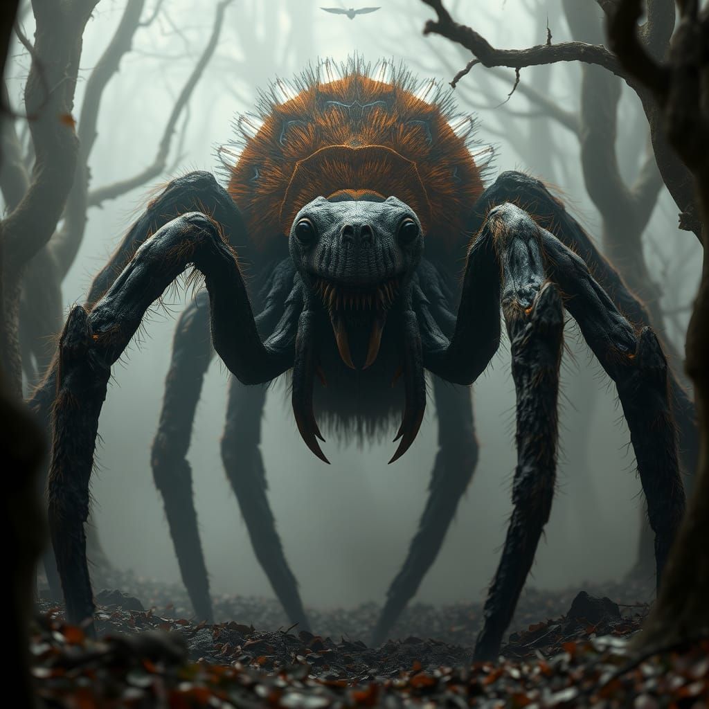 Hyperrealistic Spider Creature in Misty Forest