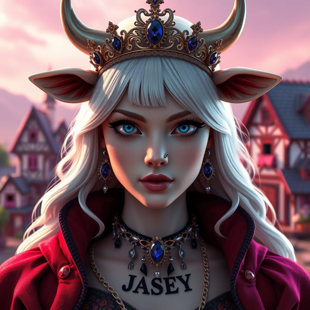 Regal Platinum-Blonde Queen in Whimsical Village Setting, Ad...