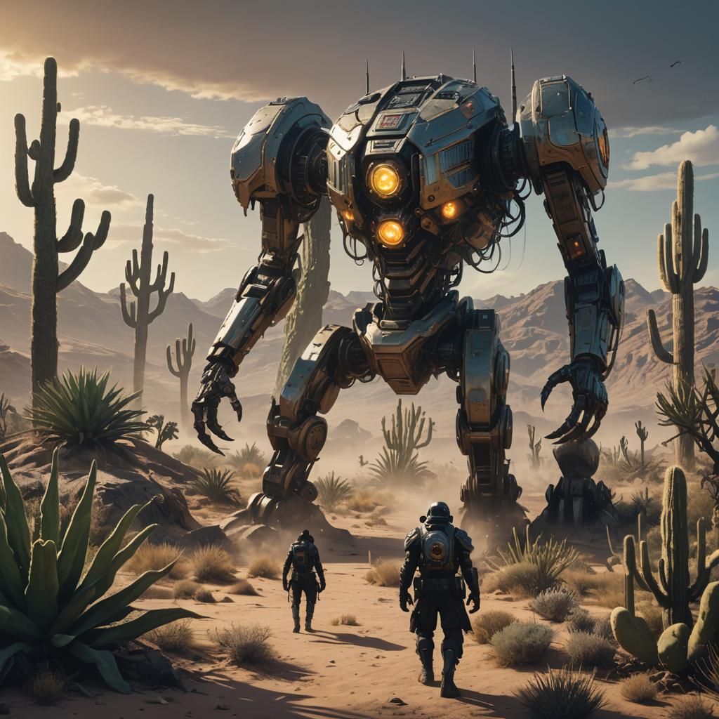 Cyberpunk Mech in Desert Meadow Concept Art