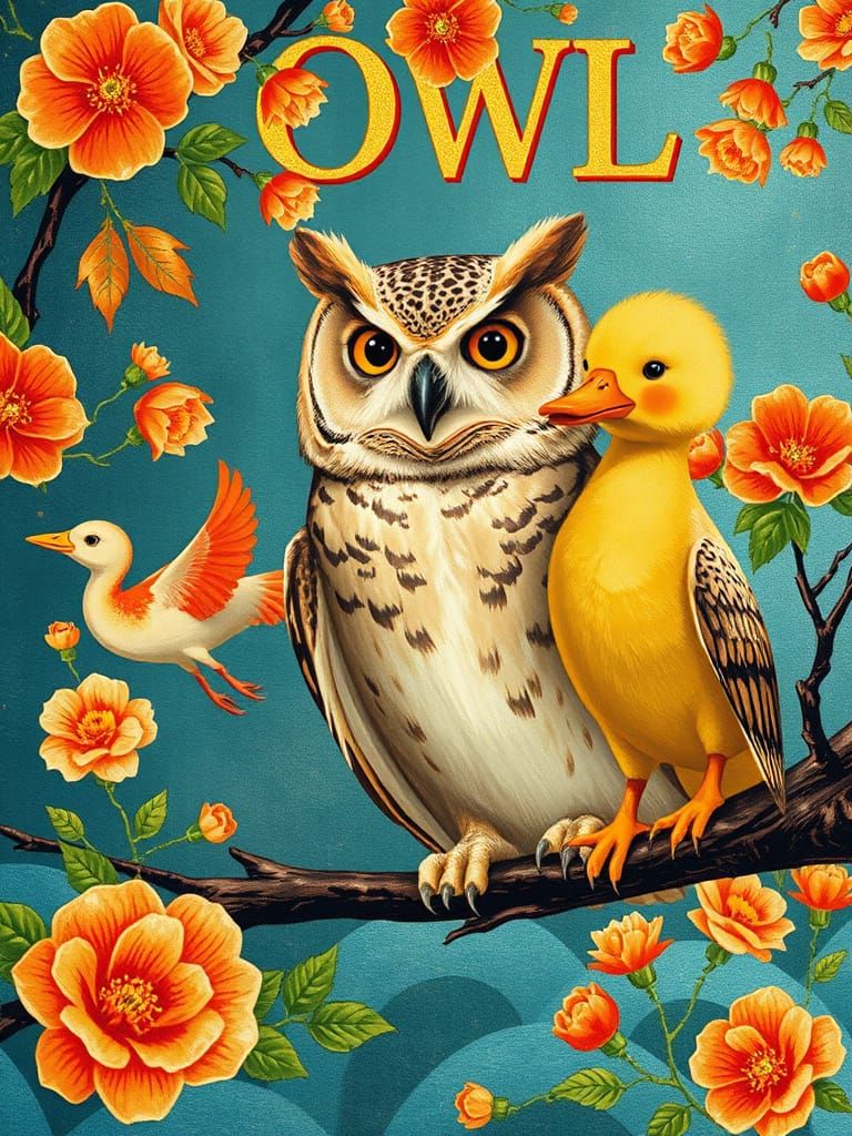 Vintage Owl Illustration in Mid-Century Print Style