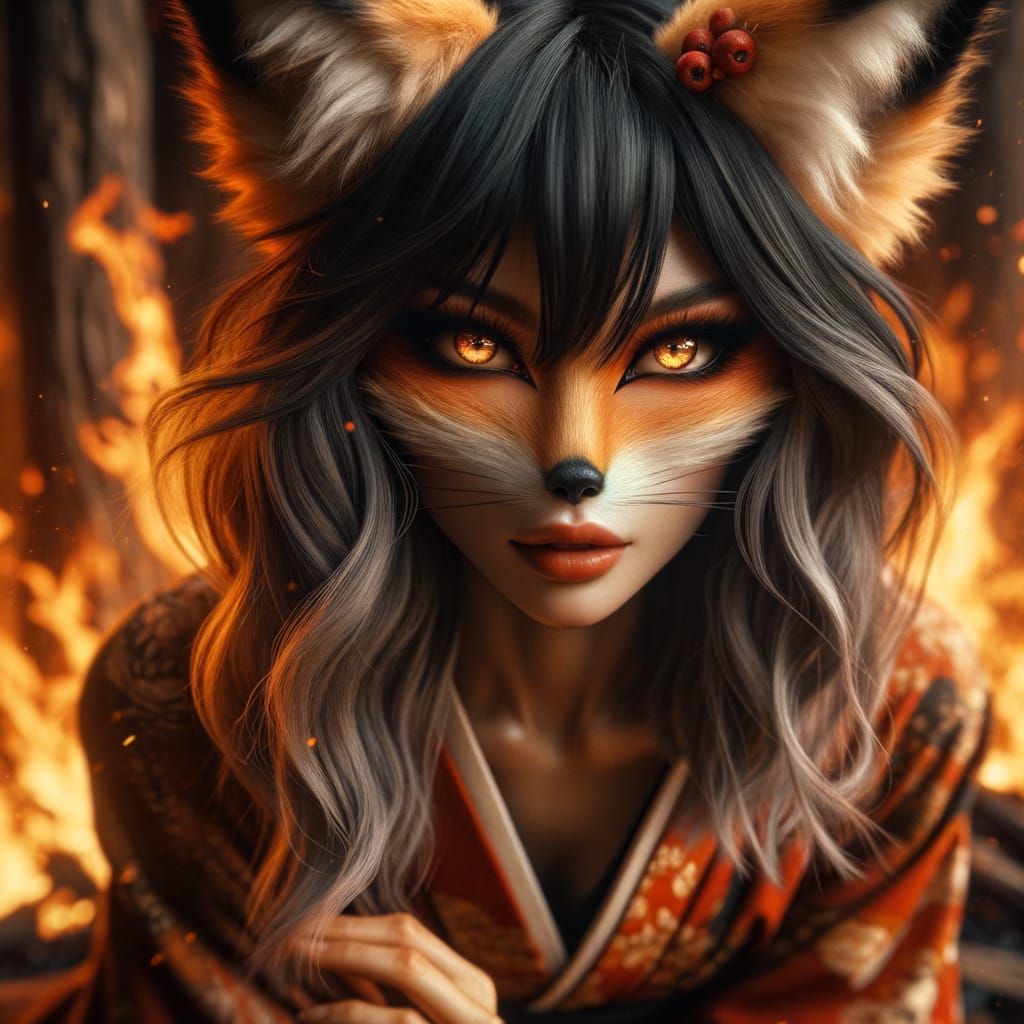 Fox Spirit Portrait in Fiery Orange Hues