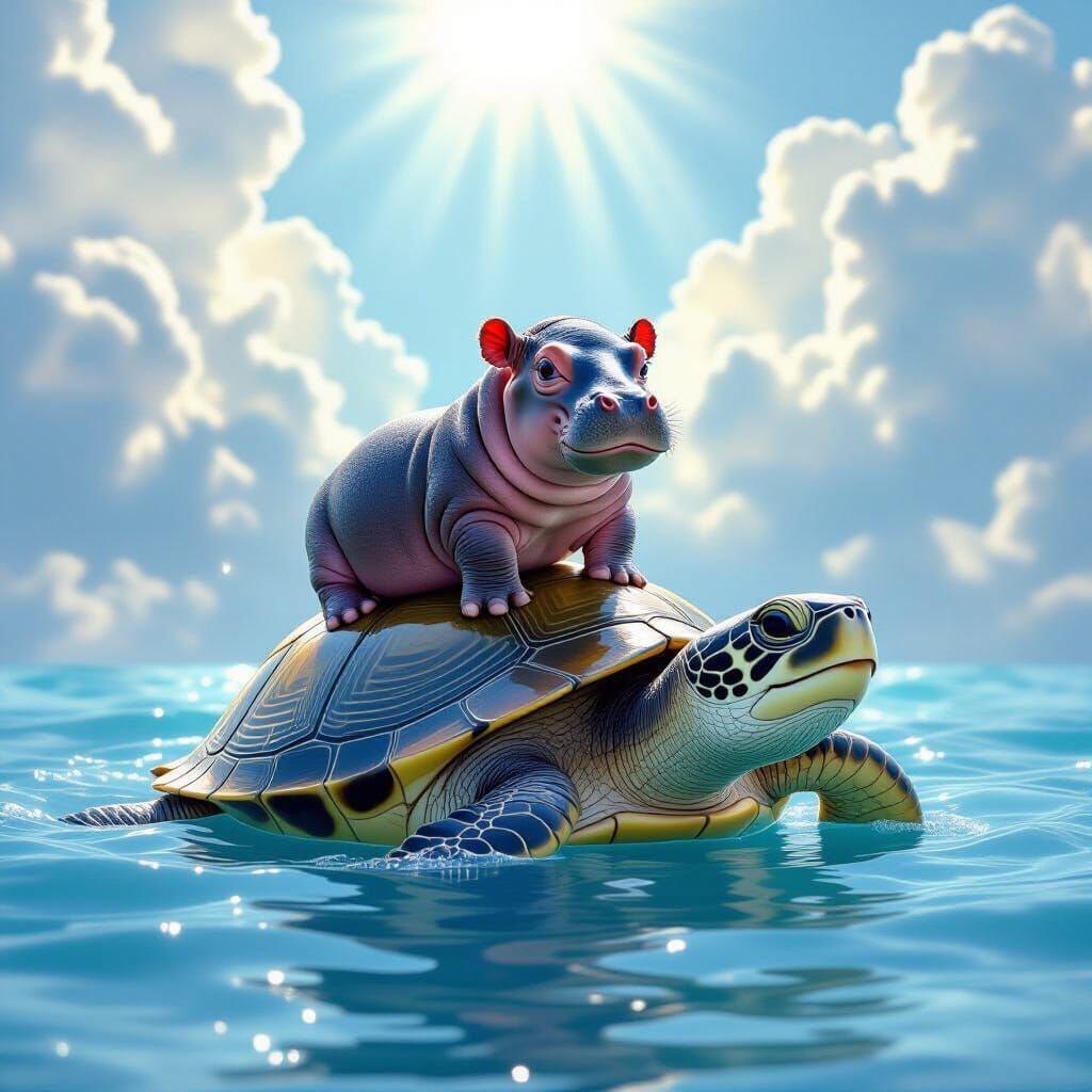 Baby Hippo Sails on Giant Turtle in Golden Light