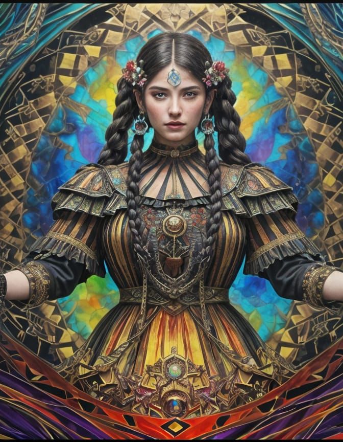 Goddess Woman with Giant Ribbons in Psychedelic Landscape