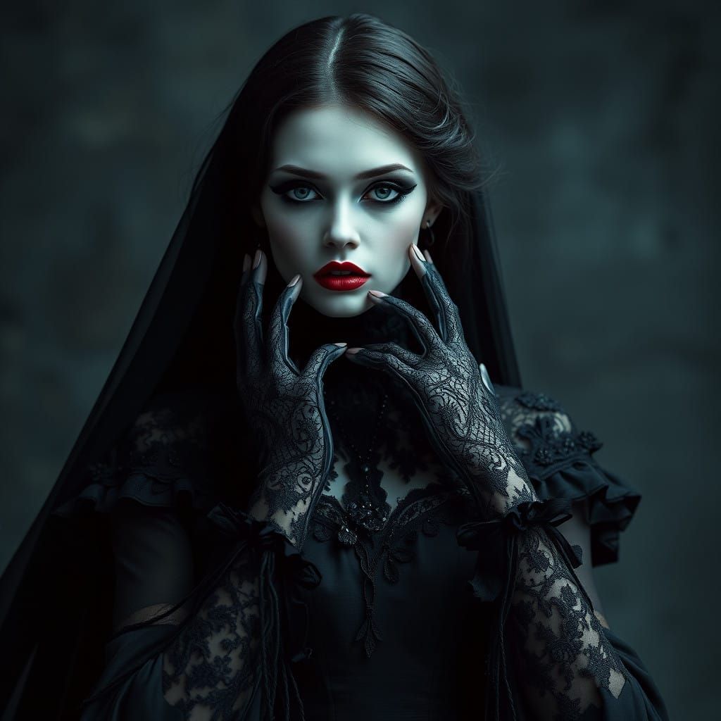 Stunning gothic woman with porcelain skin, wearing elaborate lace gloves and a flowing black Victorian dress, in an atmo...
