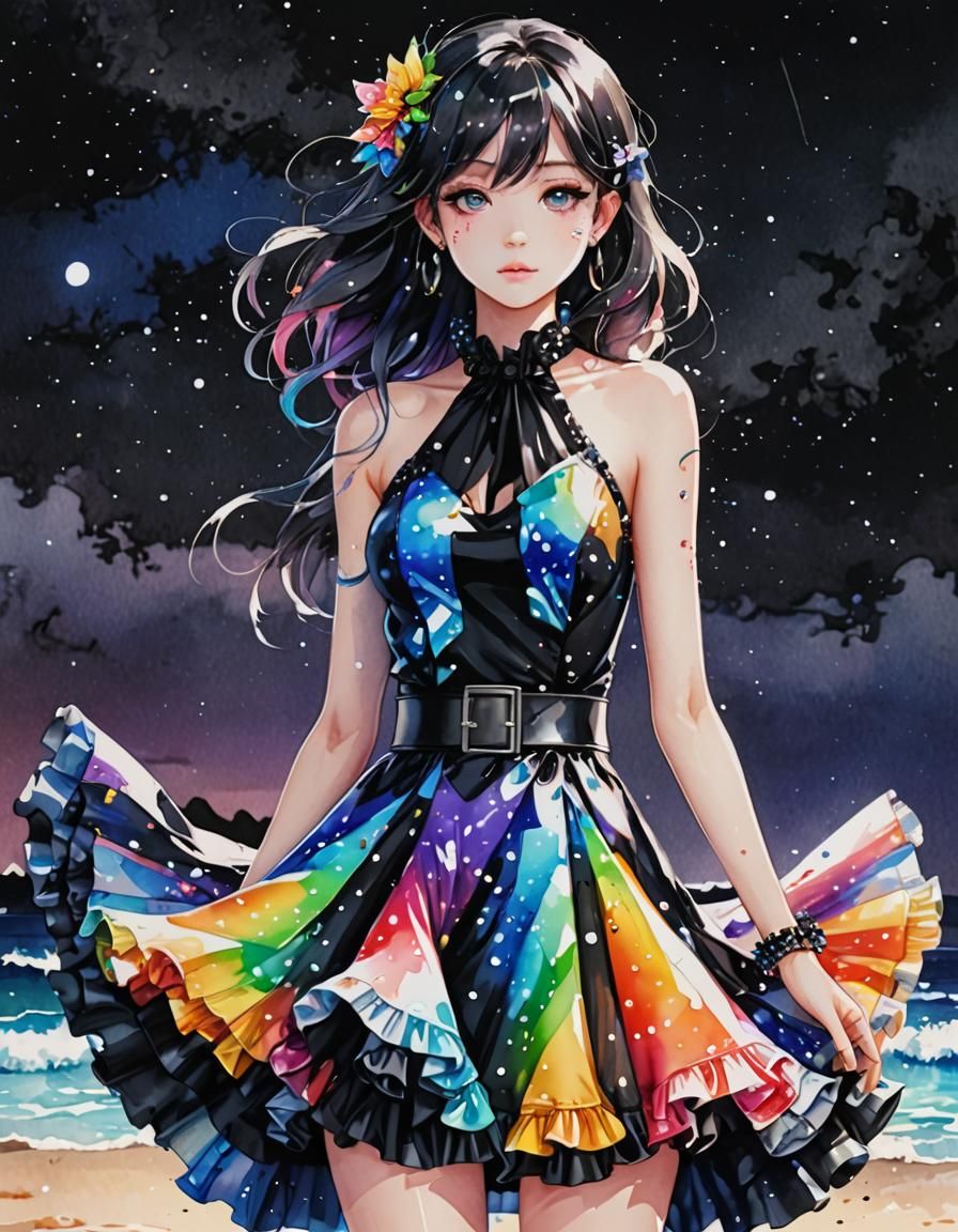 Beach Scene with Holographic Ink Splatter Dress