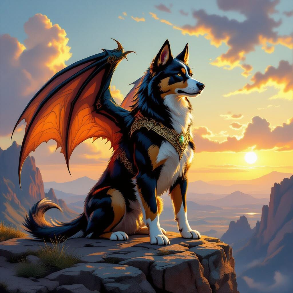 Majestic Dragon-Dog Hybrid Creature in Golden Hour