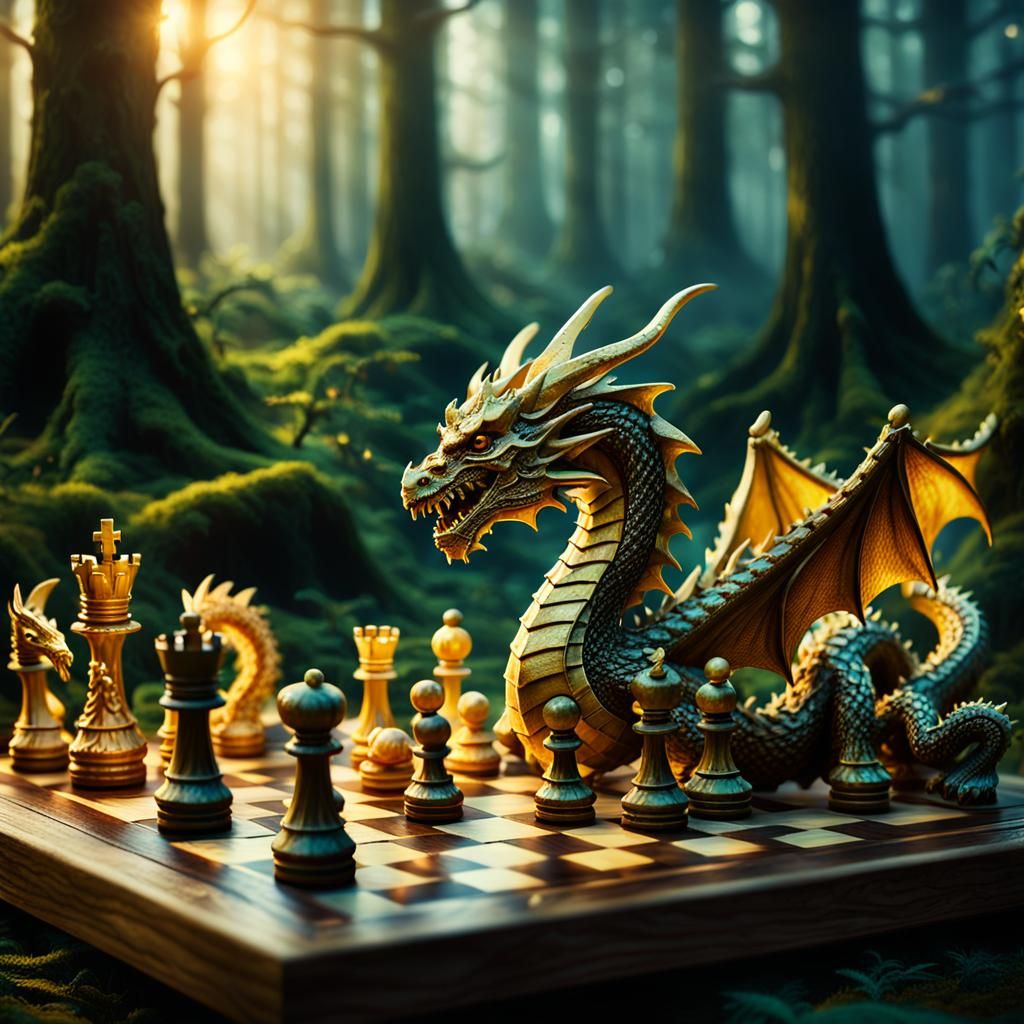 Detailed Dragon Chess Set in Mystical Forest