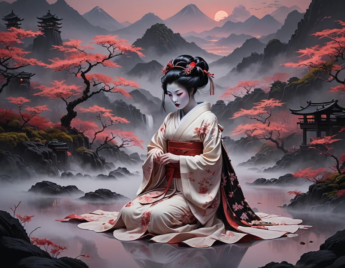 Geisha in Dystopian Neon Feudal Japan Landscape