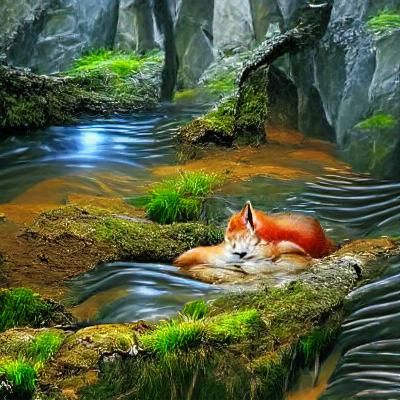 Resting Fox in Forest Stream
