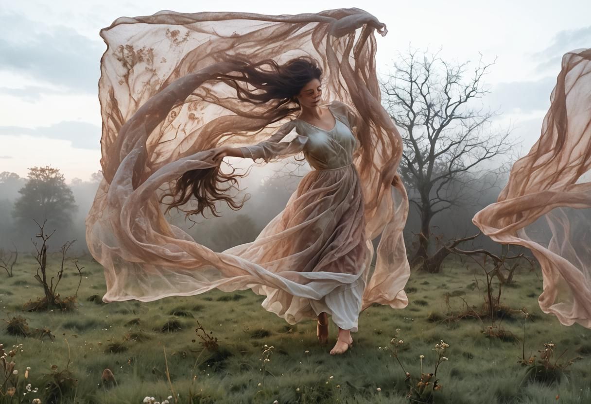 Ethereal Woman in Twilight Clouds: Surreal Oil Painting