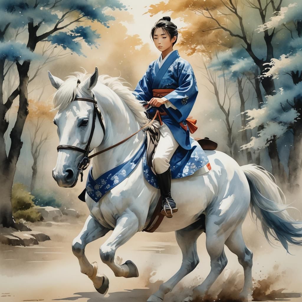 Anime Boy Riding Horse in Watercolor Style