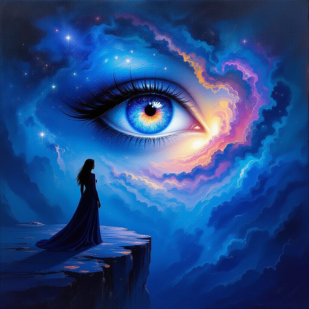 Woman Gazing into Cosmic Abyss Impasto Oil Painting
