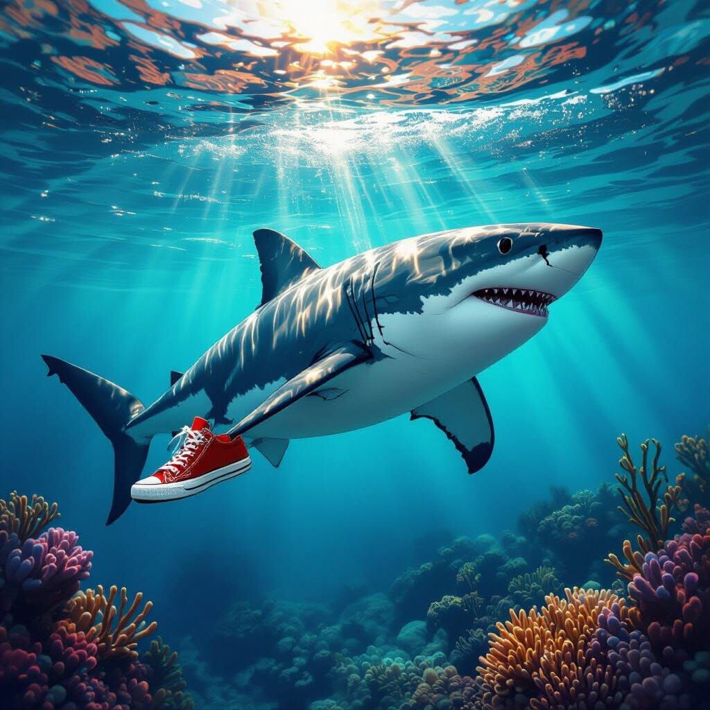Great White Shark in Red Sneakers in Coral Reef