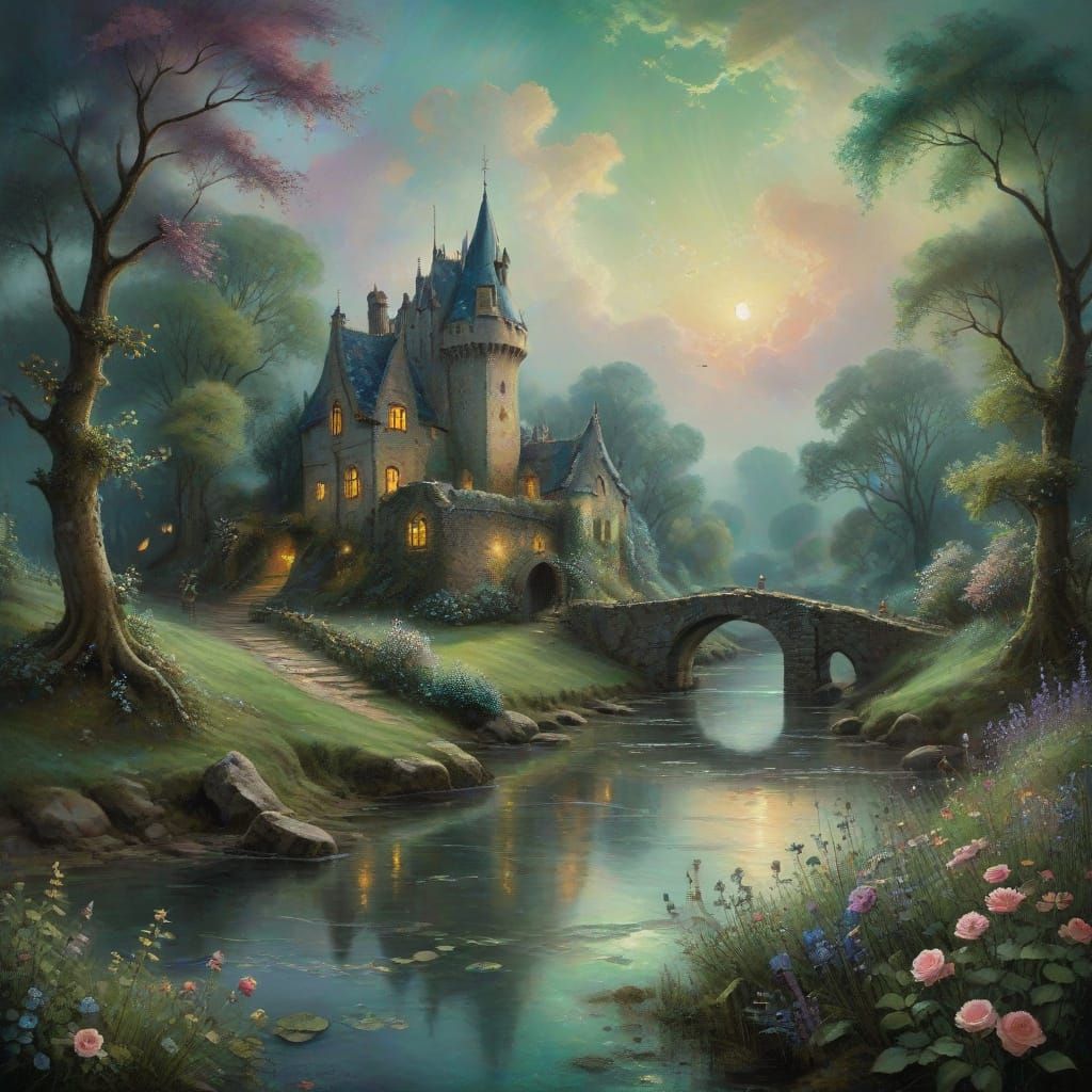 Whimsical Fairytale Castle on a Serene Riverside