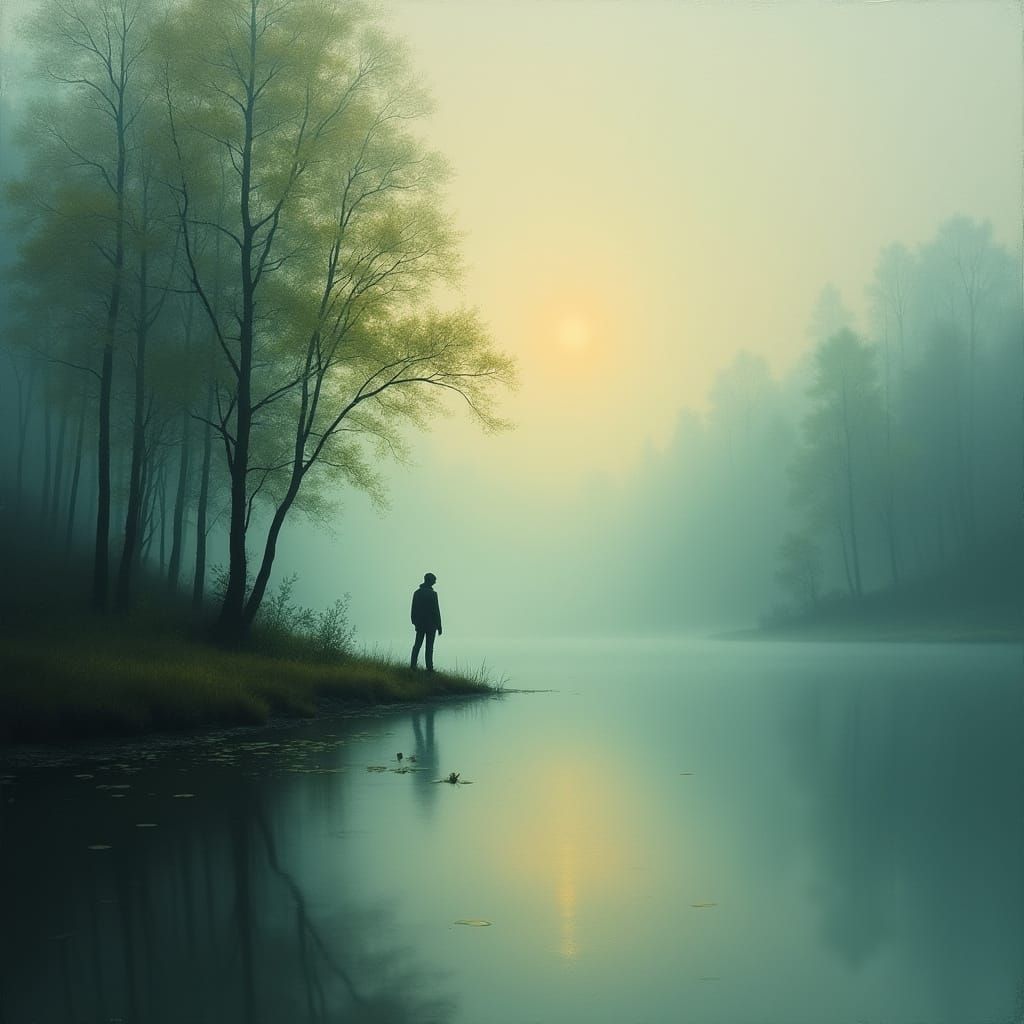 Mystical Lake Morning in Dreamy, Symbolic Brushstrokes