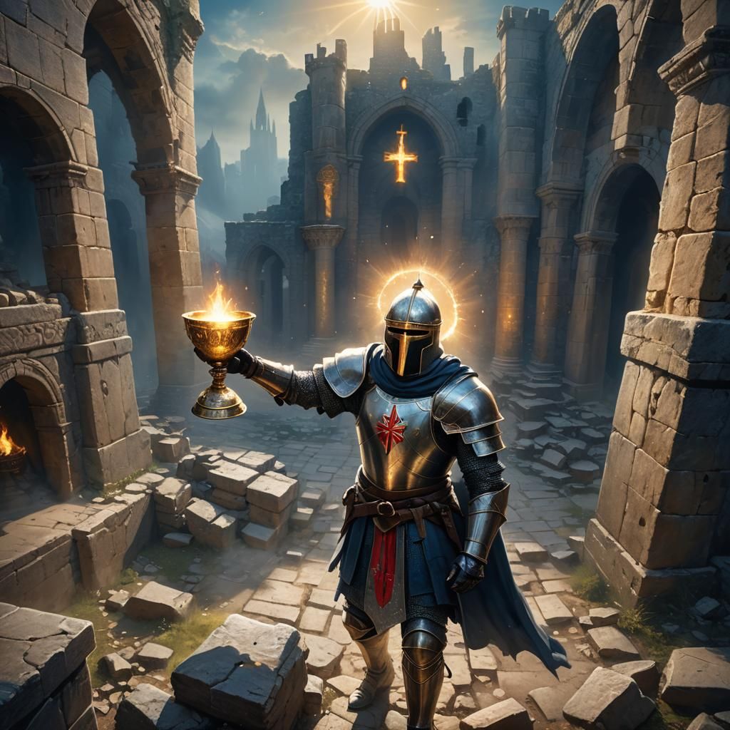 Knight Templar with Holy Grail in Ancient Ruins