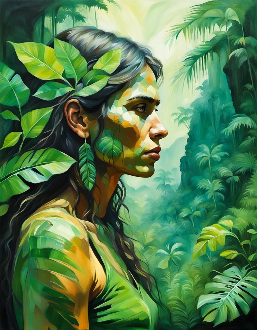 Cavewoman Portrait in Jungle, Oil Painting Style
