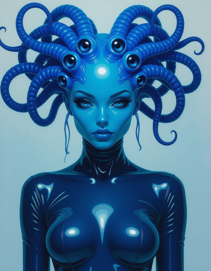 Alien Woman with Blue Tentacles and Eight Eyes