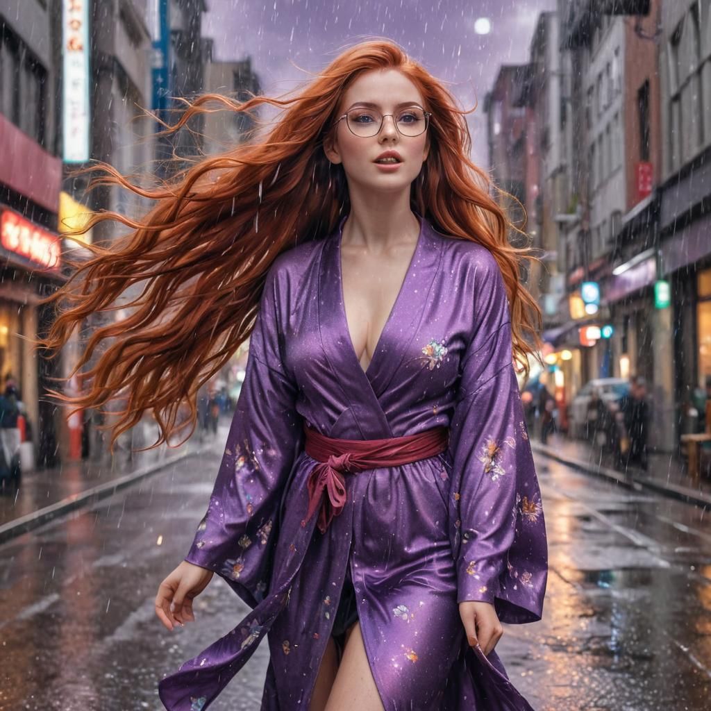 Red-Haired Woman in Kimono on Rainy Street