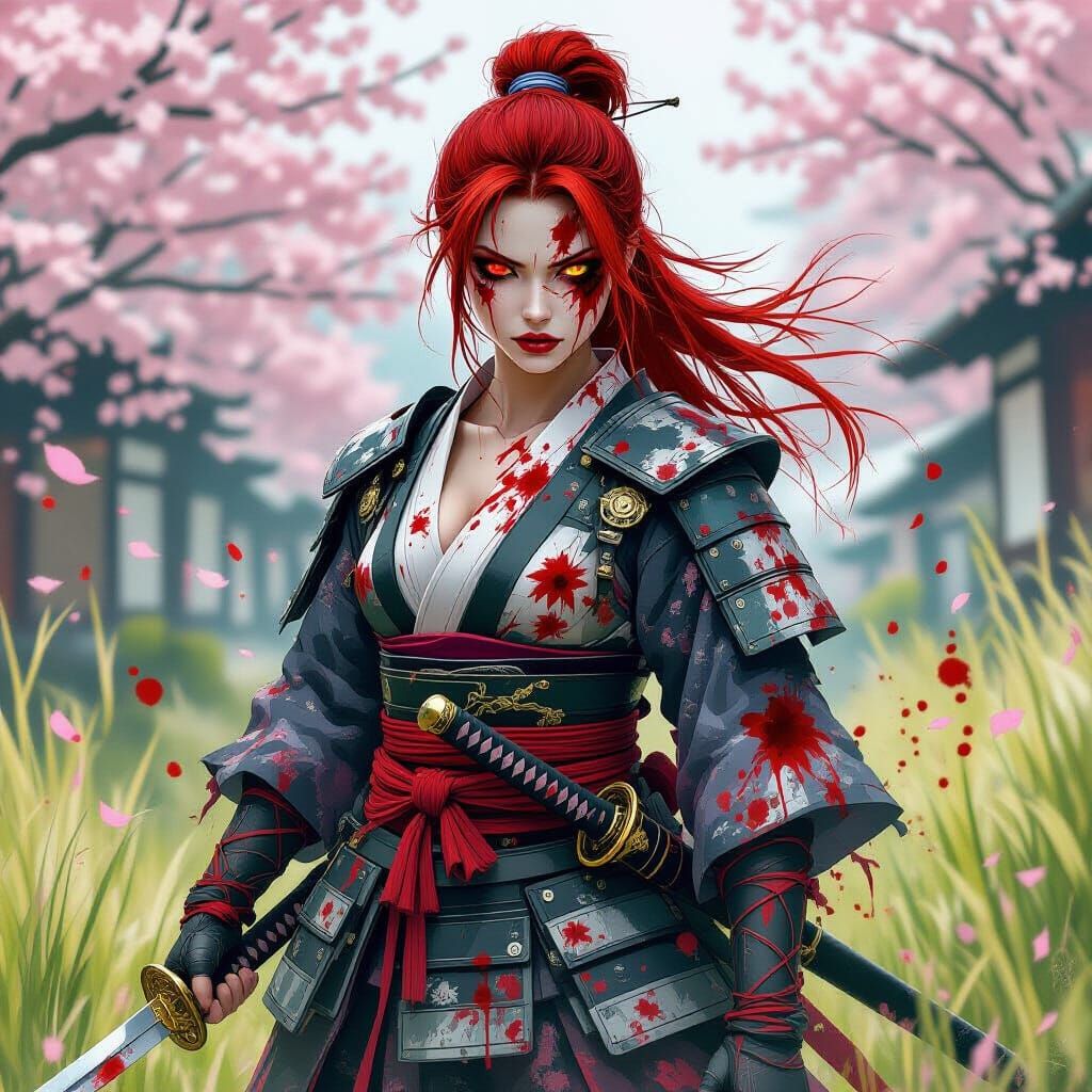 Bloodied Samurai Woman Amidst Sakura Trees