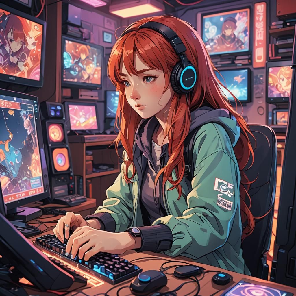 Anime Girl Gaming: Vibrant Digital Manga Illustration