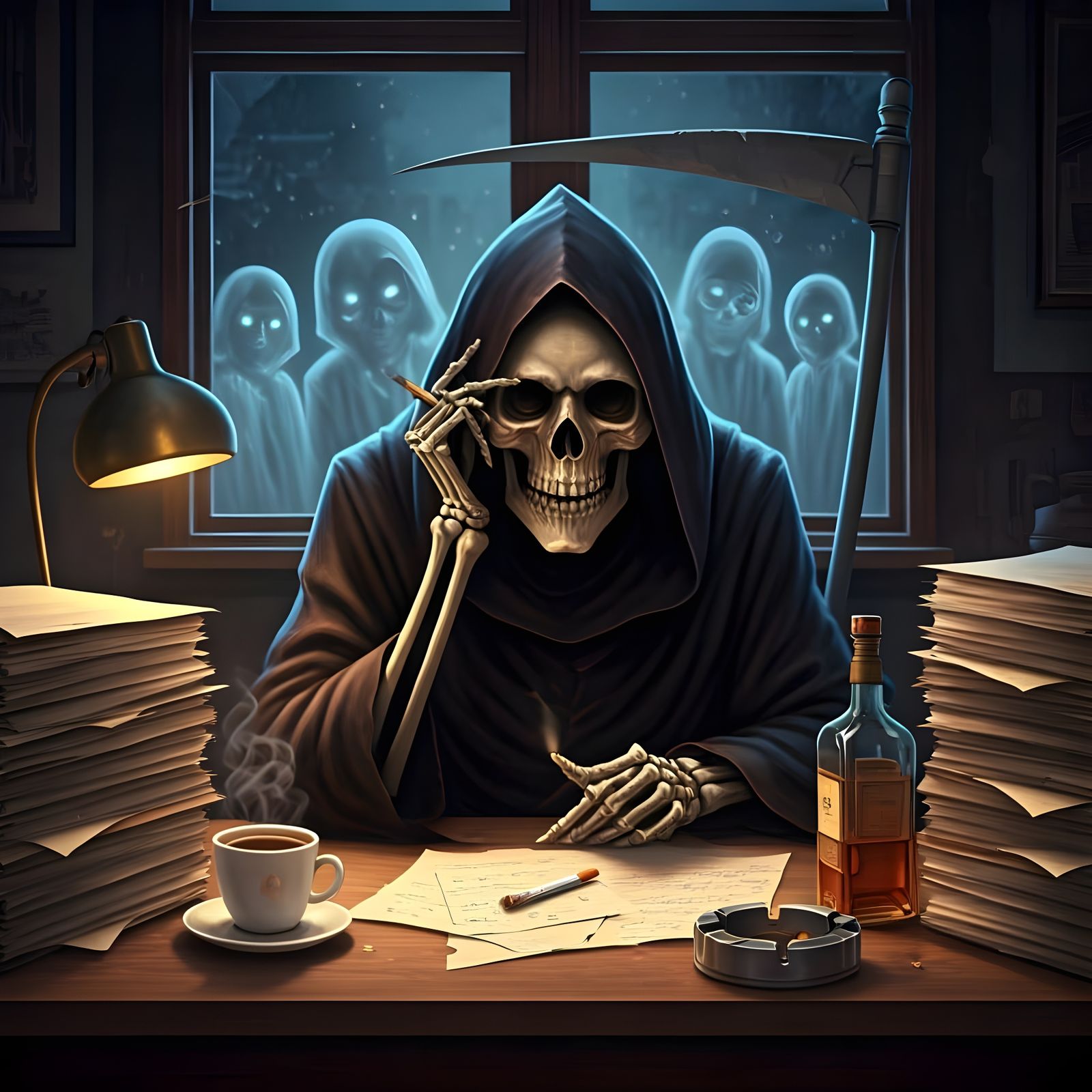 Exhausted Grim Reaper's Coffee Break: 3D Render